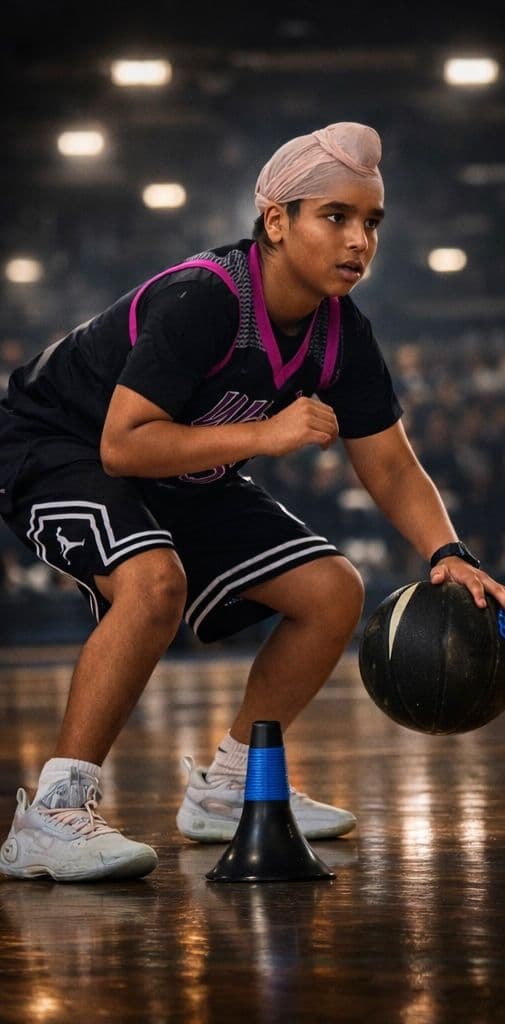 Player dribbling around cones during skills training
