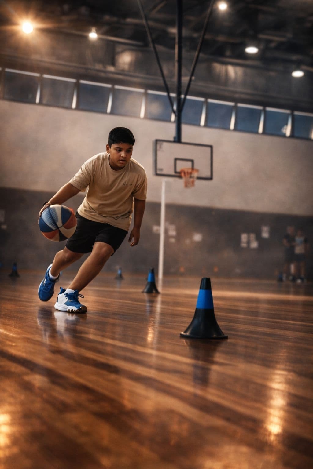 Young basketball player running agility drills