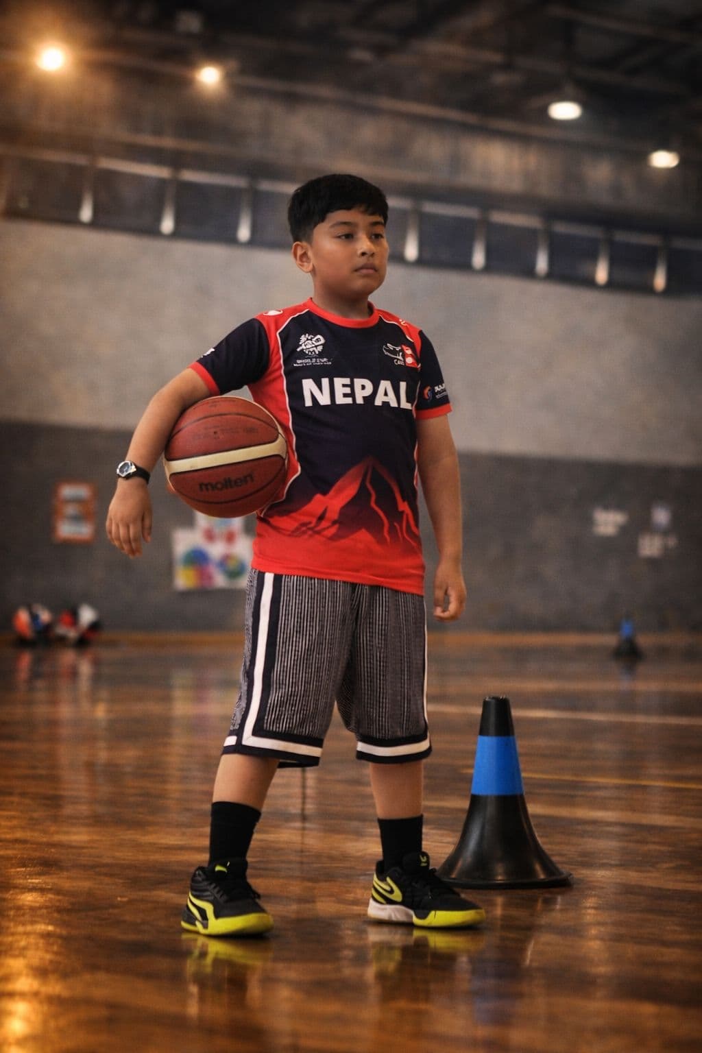 Player performing ball handling exercises on court